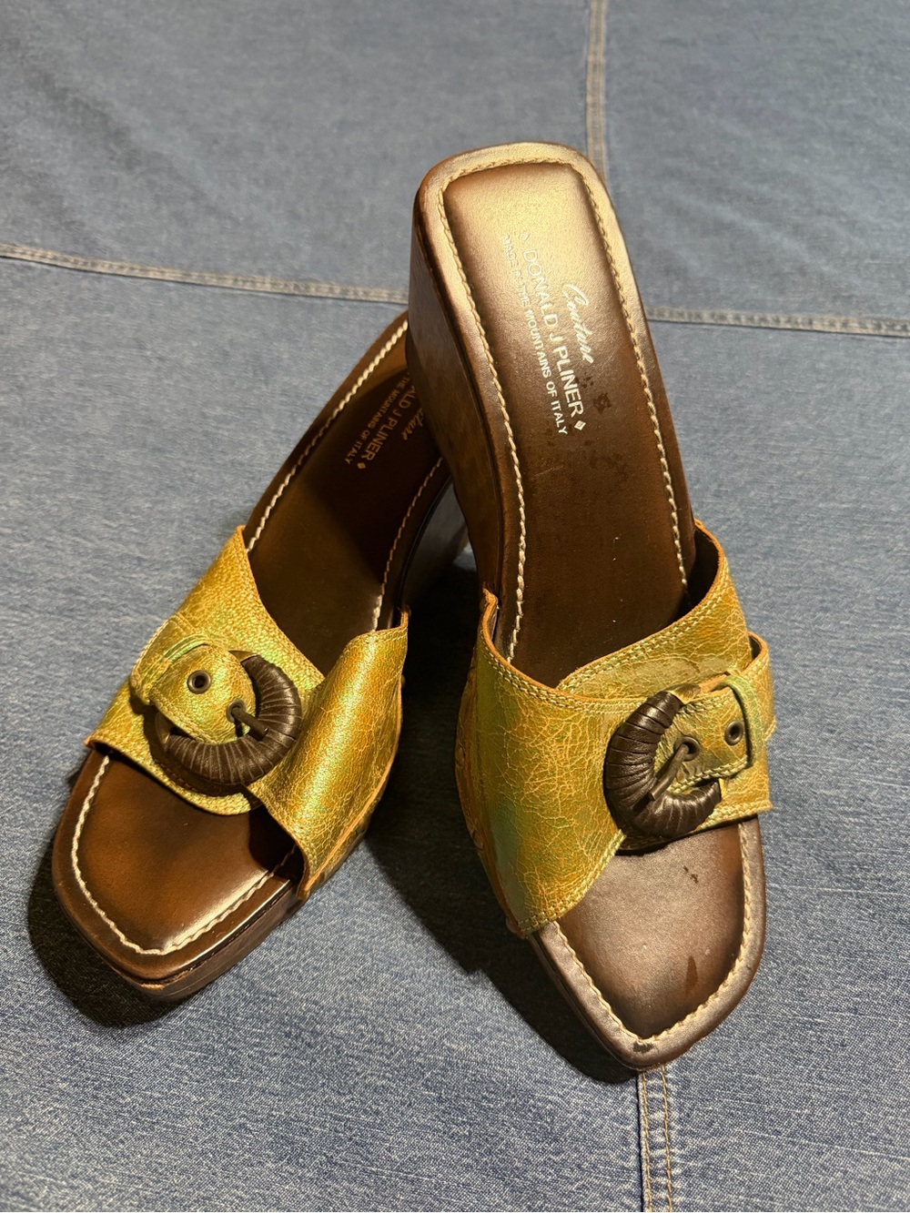Donald J. Pliner Metallic Gold Leather Slide Sandals with Brown Buckle